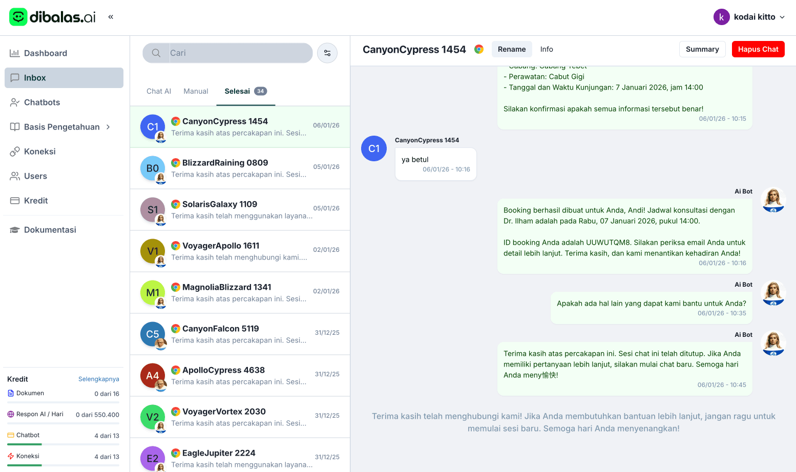 Tampilan inbox percakapan di dashboard
